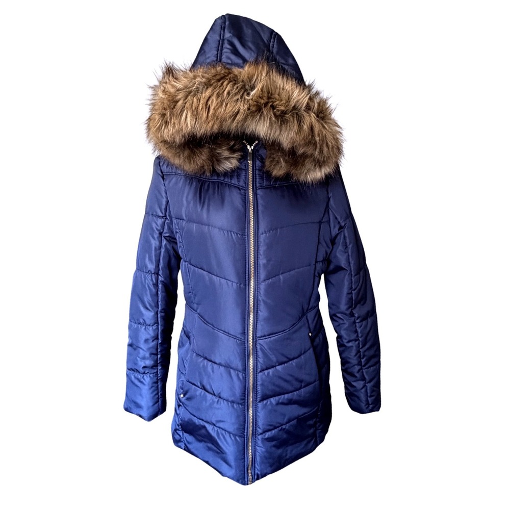 Celebrity Pink Womens Navy Blue Faux Fur Hooded Puffer Jacket Parka XL CB98721B
